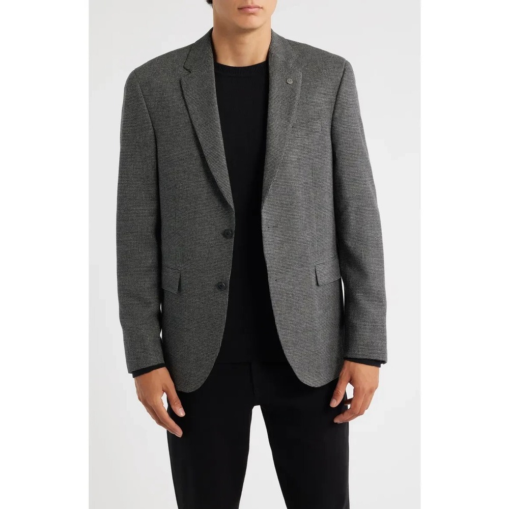 NWT AllSaints Ross Men's 38R Slim Fit Gray Micro Houndstooth Wool Blend Coat